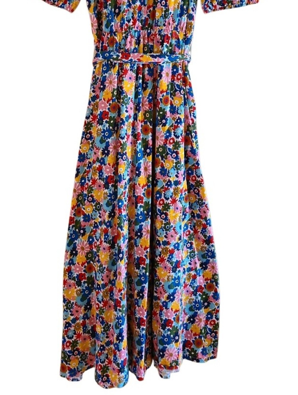 Boden Sofia Trim Jersey Midi Dress Floral Pink Multicolor Belred Waist Pockets - Picture 14 of 16